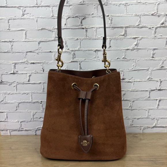 Coach Rowan Bucket Suede and Leather Bag Gold/Vintage Brown free unbranded scarf - Picture 6 of 16